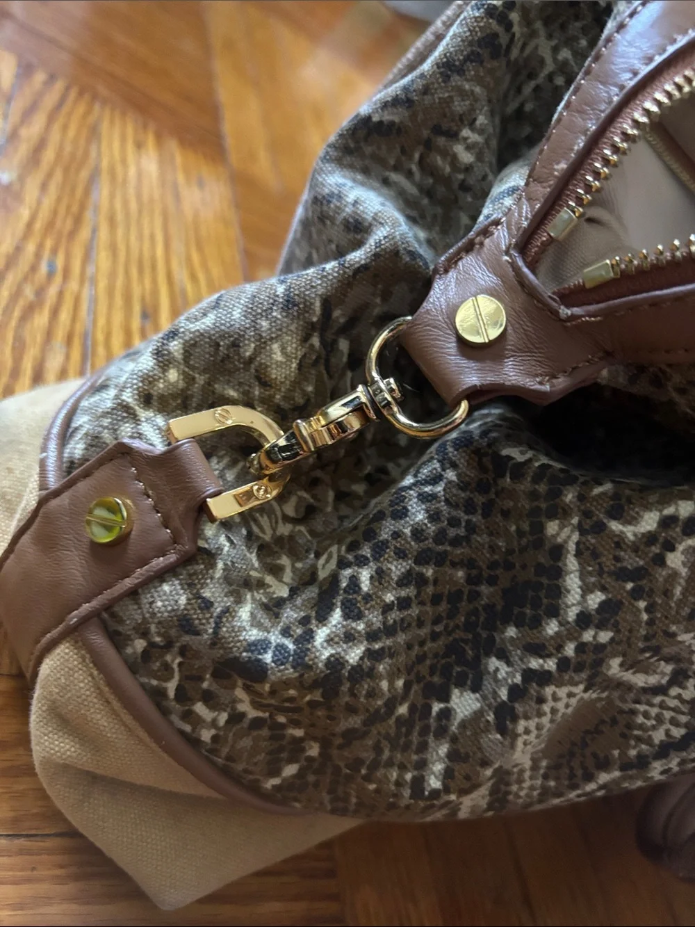Tory Burch Brown Snake-Print bag with Gold Logo